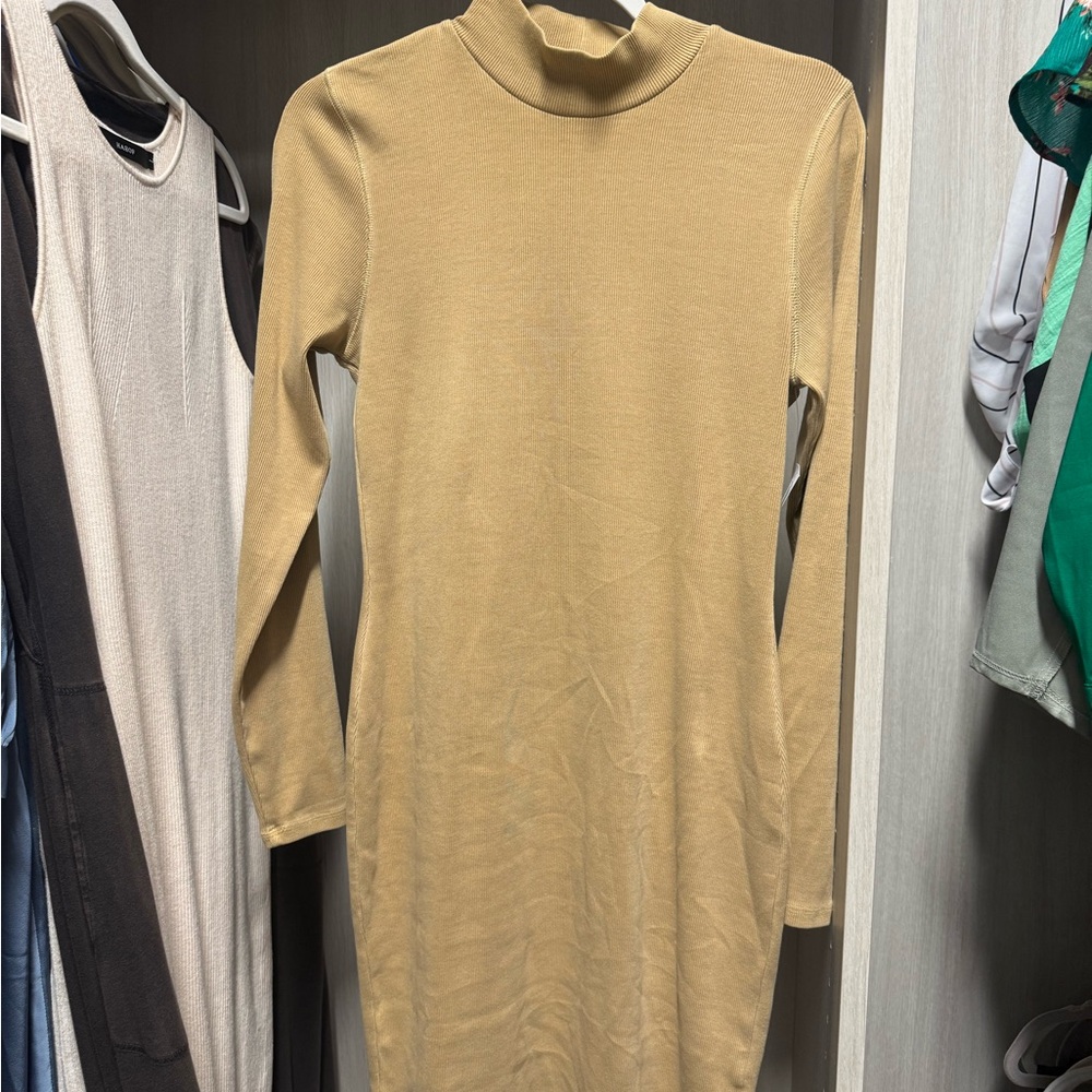 Old Navy Tan Sheath Dress with Mock Neck Long Sleeve for Casual Wear